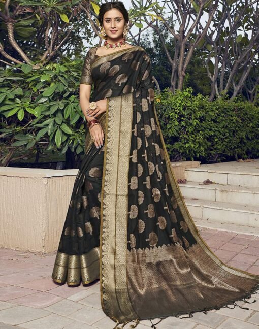 Satrani Woven, Embellished, Self Design Banarasi Cotton Blend, Jacquard Saree