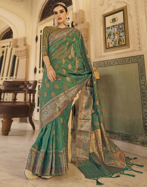 Satrani Woven, Embellished, Paisley, Self Design Banarasi Organza, Jacquard Saree